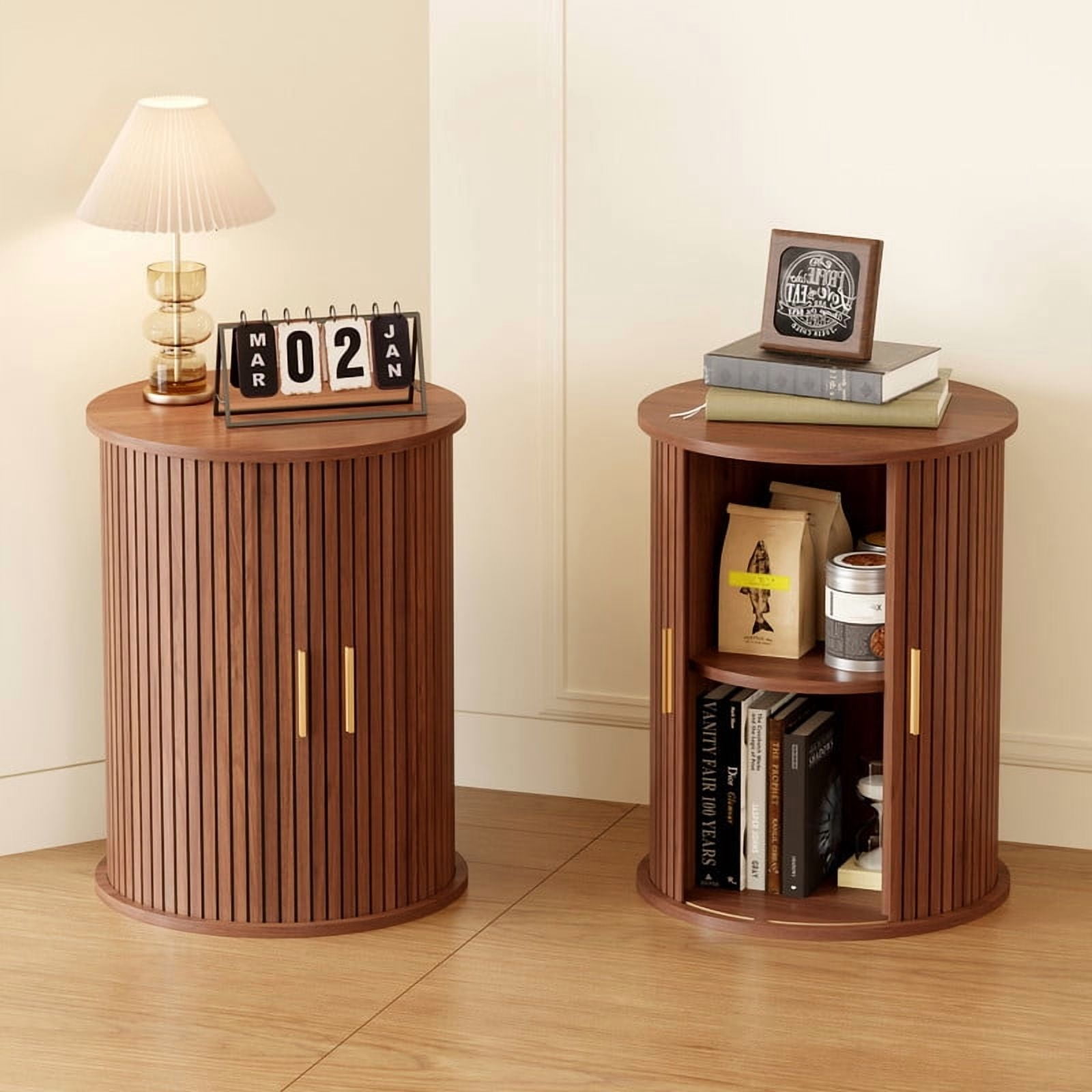 Fluted Round Side Table, Mid Century Modern Night stand with Sliding Tambour Door and Storage Shelf, Wood Bedside Table, End Table for Small Space,Bedroom, Living Room