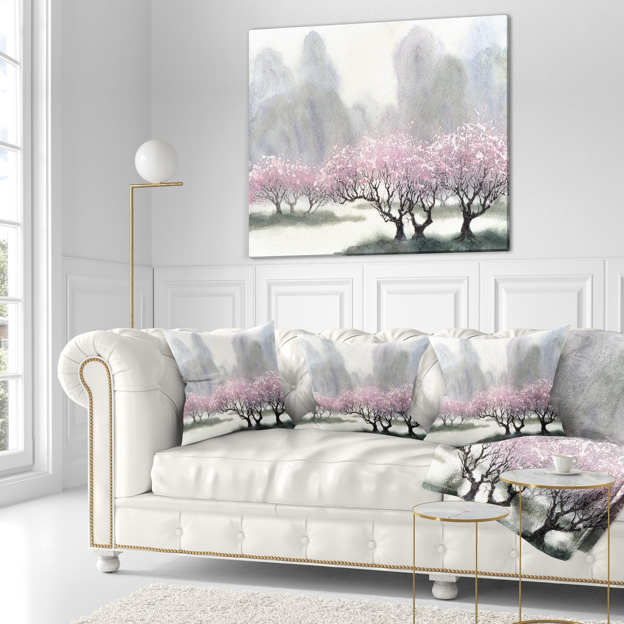 Designart Flowering Trees at Spring - Landscape Printed Throw Pillow - 16x16