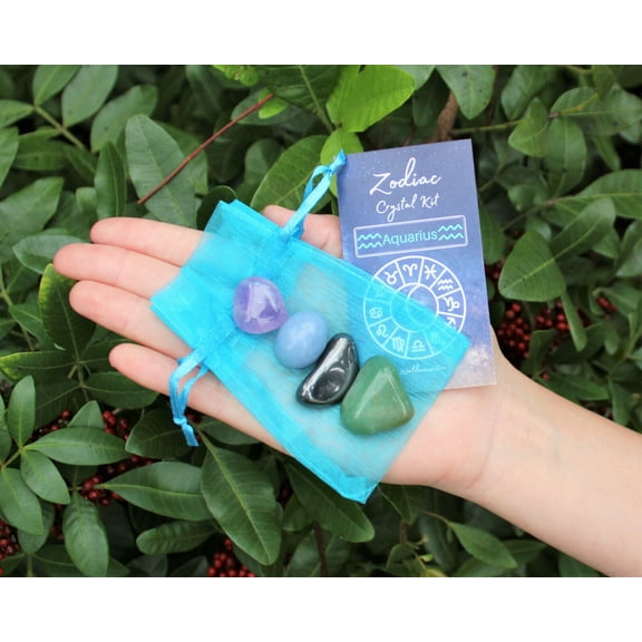 Aquarius Zodiac Crystal Kit, 4 Birthstones in an Organza Pouch, Rough or Tumble!