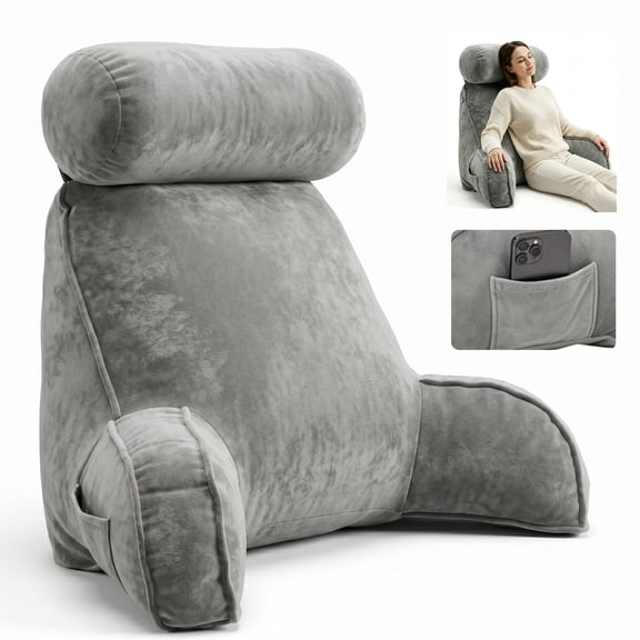 WEEUSE Reading Pillow with Arms and Semi-Round Neck Roll, Bed Rest Pillow for Sitting Up in Bed, Back Support Pillow with Phone Pocket for Reading, Watching TV and Gaming, Gray