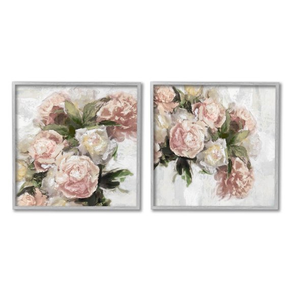 Traditional Peony Blossoms Arrangement Botanical & Floral Graphic Art Gray Framed Art Print Wall Art, Set of 2