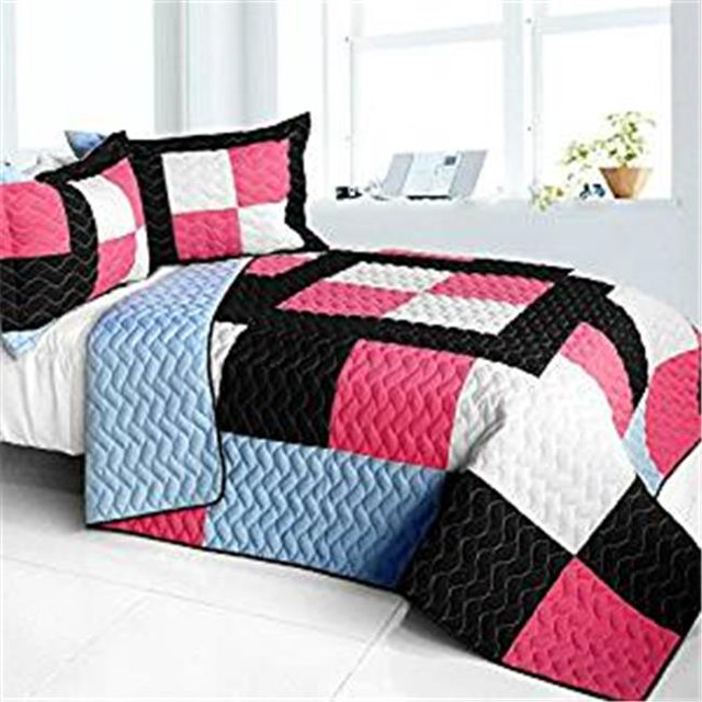 Modern Pink - 3 Pieces Vermicelli - Quilted Patchwork Quilt Set Full & Queen Size - Pink