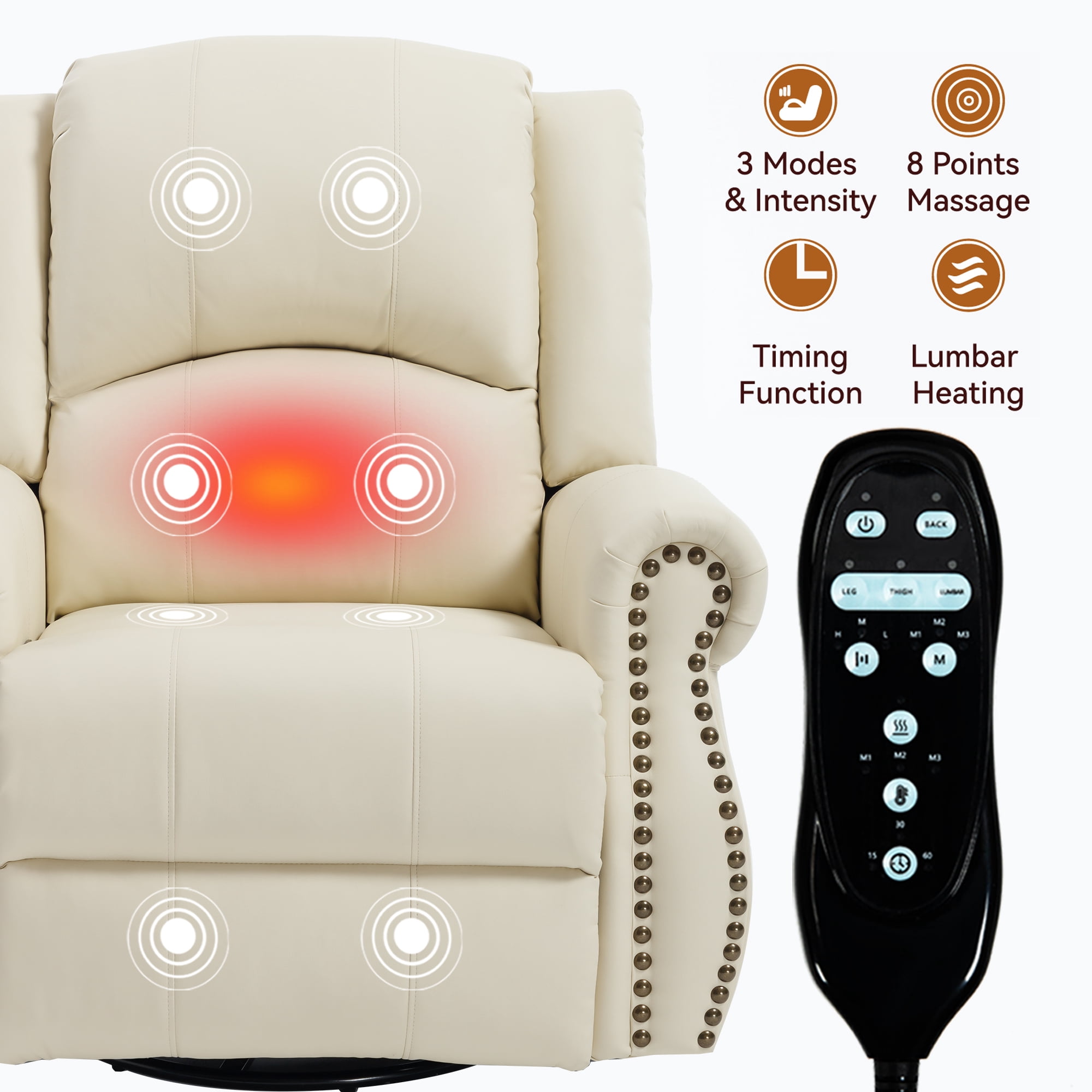 Leumius Oversized Swivel Recliner Chair for Adults,Swivel Rocker Recliner with Vibration Massage and Lumbar Heating for Living Room,Rivet Design,Beige