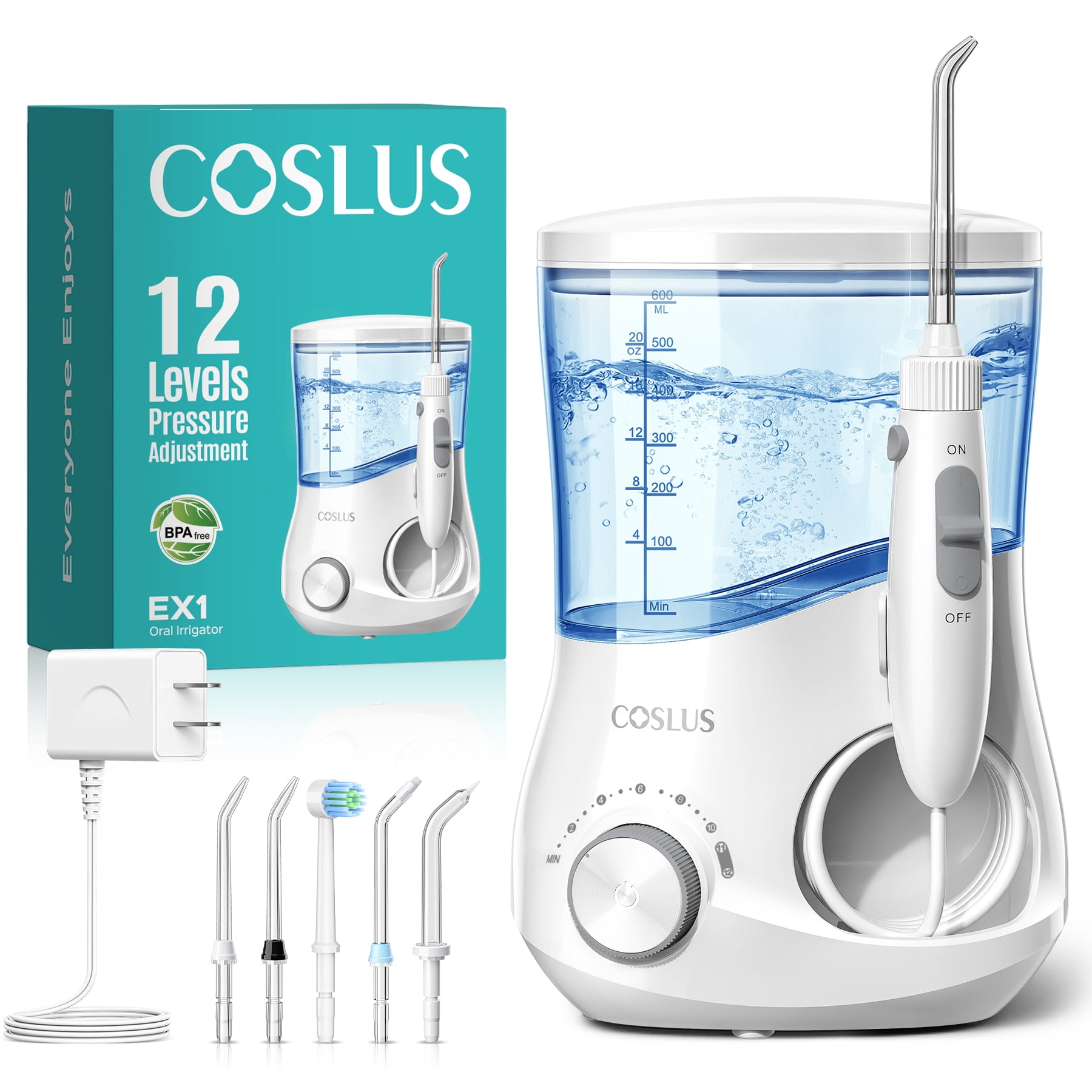 COSLUS Water Flosser for Teeth,Water Dental Flosser Pick for Teeth Cleaning and Flossing,600ML,12 Pressure Settings,for Family