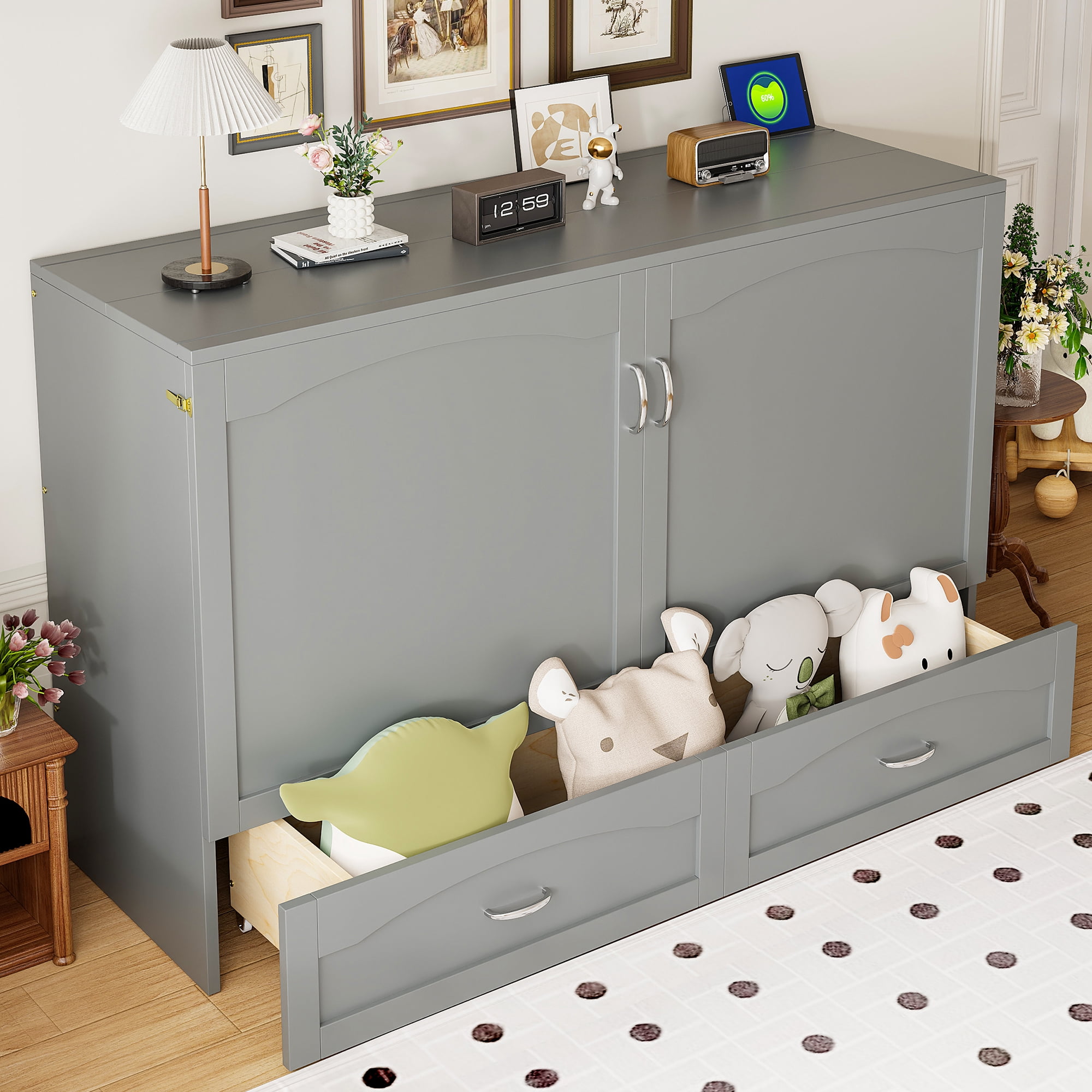 Mintazer Queen Size Murphy Bed with Drawers & Charge Station, Foldable Cabinet Wall Bed for Guest Room Home Office Small Apartment, Gray