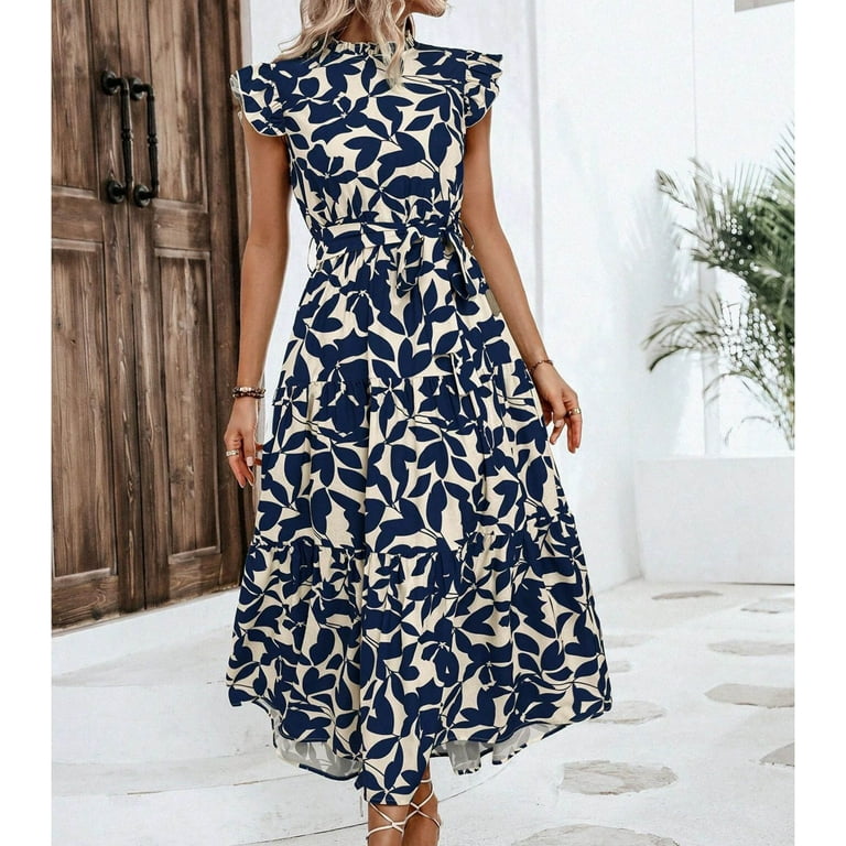 Sakmal Empire Waist Sundresses for Women Tea Party Blue Long Dress A Line Floral Puff SLeeve Dresses with Pockets, Women's, Size: Medium