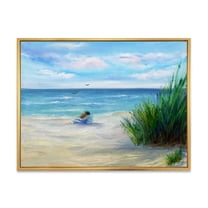 Designart 'Couple Sitting In Love By The Beach' Nautical & Coastal Framed Canvas Wall Art Print