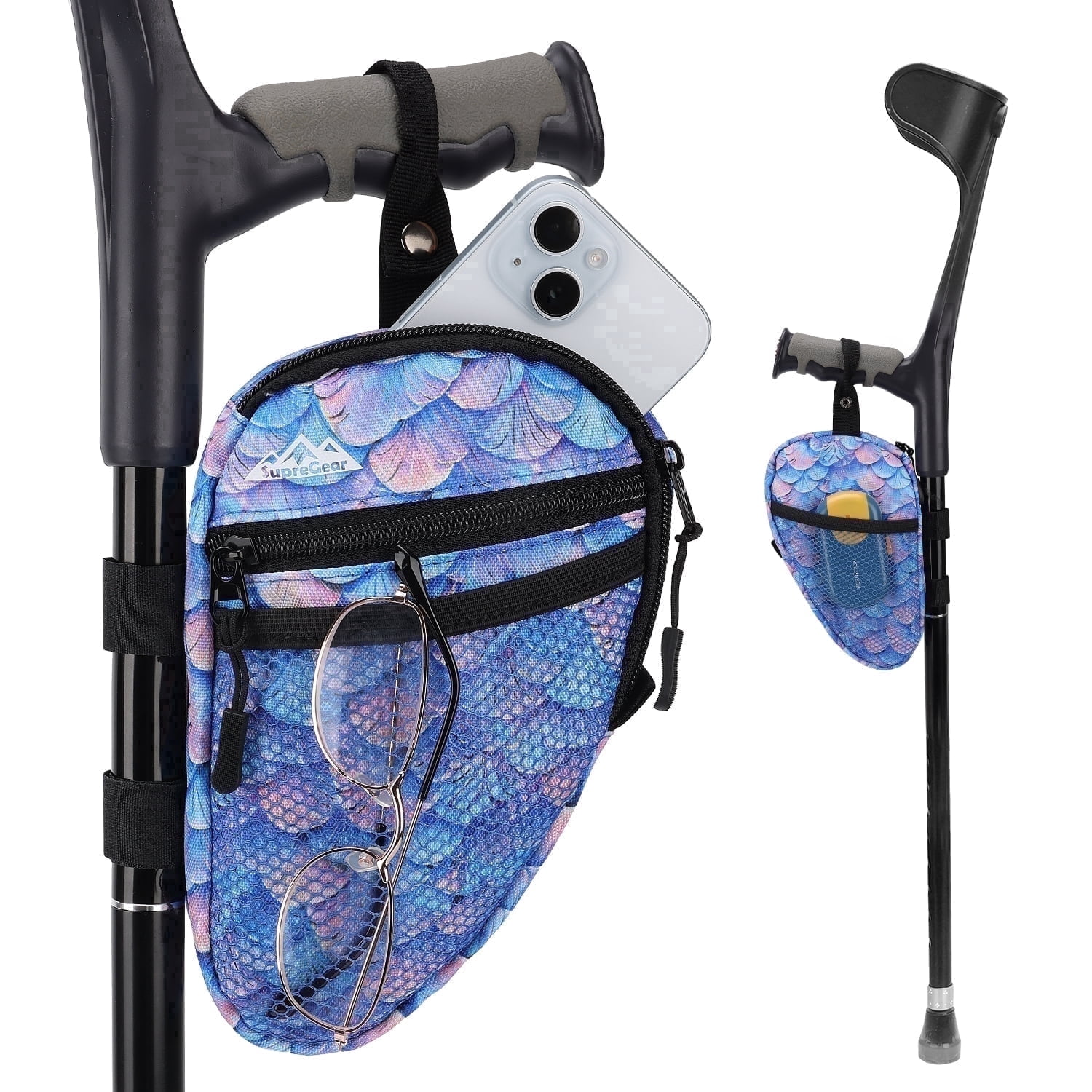 SupreGear Forearm Crutch Accessory Bag with Cup Holder, Lightweight Mobility Walker Pouch, Blue, 1 pack