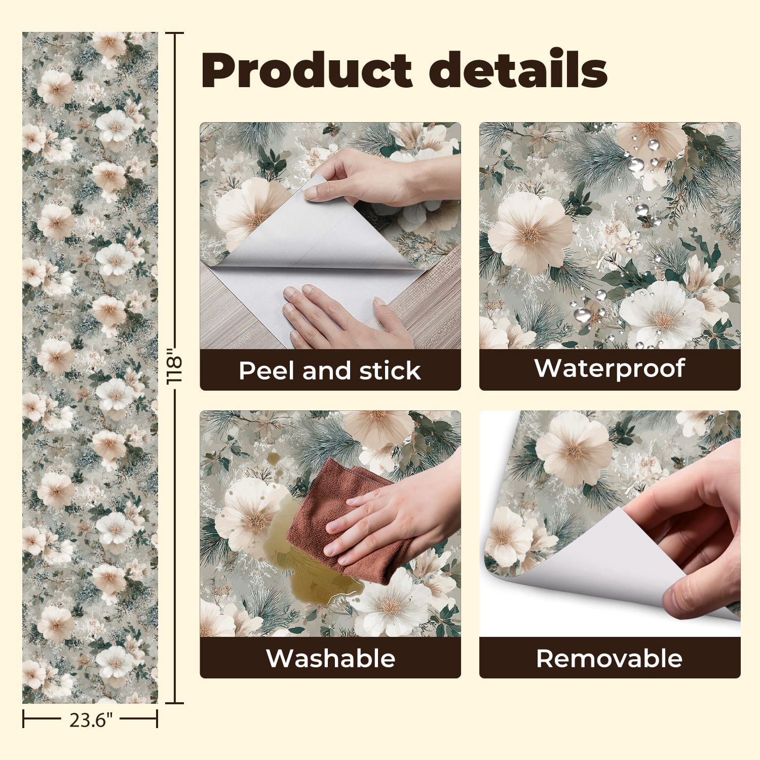 Peel and Stick Wallpaper Elegant Floral Soft Beige White Blooms Muted Green Wall Mural 23.6in x 9.8ft Self Adhesive Removable Wall Paper Renter Friendly Wallpaper for Bedroom