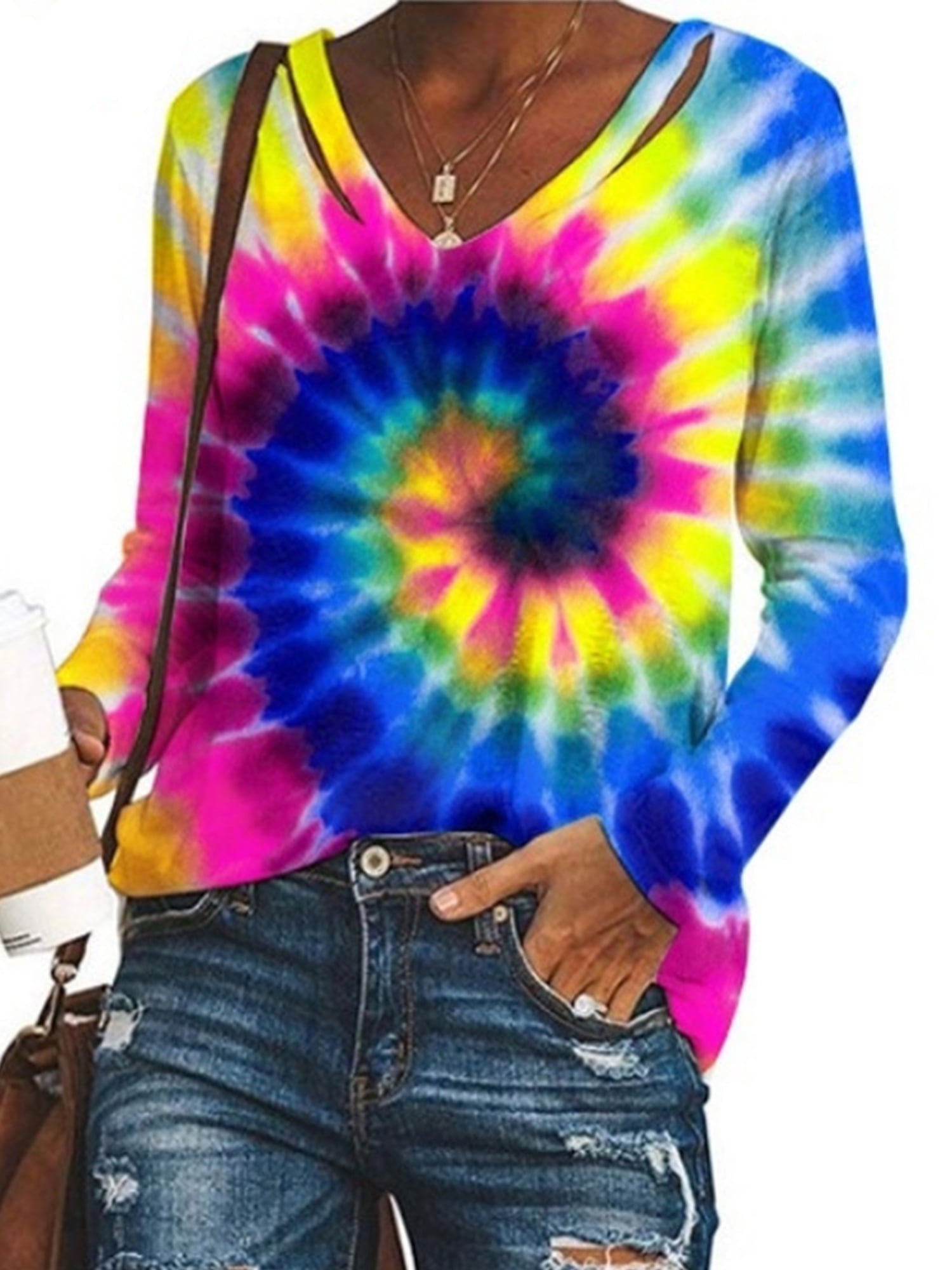 Sexy Dance Women Casual Loose T-Shirt Tie-Dye Gradient Long Sleeve Blouse Tops Ladies V-Neck Rainbow Print Pullover Loose Jumper Sweatshirt, Women's,