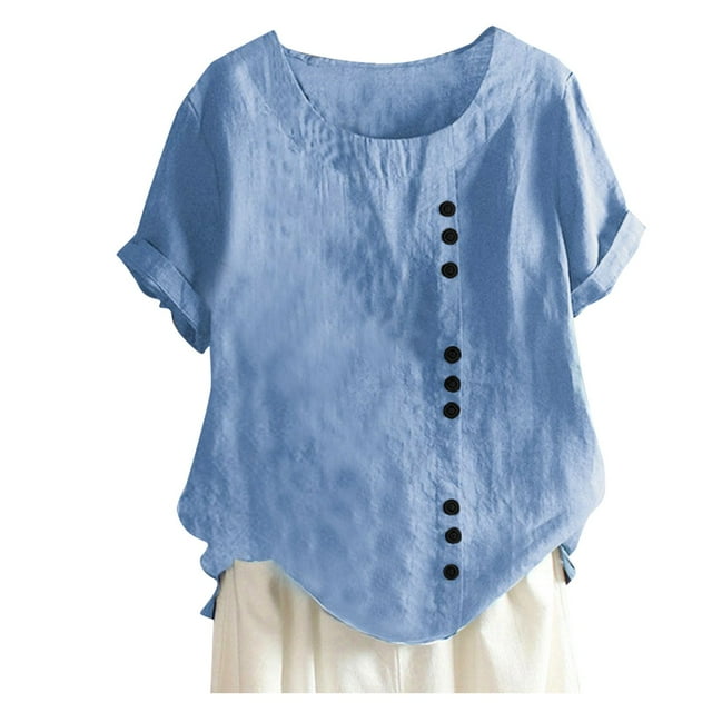 2025 Women's Solid Color Round Work Tops for Women Neck Raglan Sleeve Hem Women's Tees Slit Loose Short Sleeve Full T Shirts for Women Button Decoration Casual Tops Tees for Women Trendy T