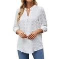 thumbnail image 3 of ZXSXSY Women Notch V Neck Swiss Dots 3/4 Sleeve Solid Color Scoop Hem Blouse, 3 of 7