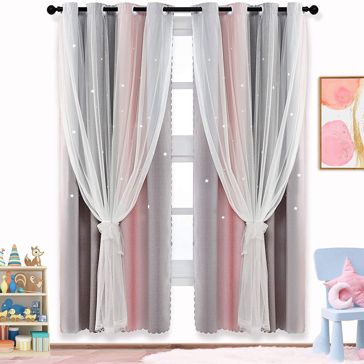 GLITTER GLAMOUR THERMAL BLACKOUT EYELET RING TOP PAIR OF CURTAINS PINK 