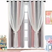 1 Panels Gradient Ombre Stars Curtains Draperies for Kids Girls Bedroom Living Room Double Layers Blackout Gray Pink Grommet Window Curtains,Thermal Insulated 52x84 Inch/52x63 Inch