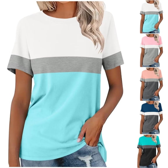 asdoklhq T Shirts for Women Trendy Women's Casual Fashion Striped Printed T-shirt Round Neck Short Sleeve Green 3X