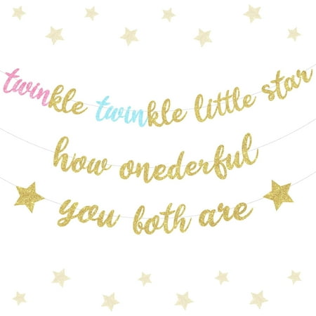 Funmemoir Twins 1st Birthday Decorations for Boys Girls - Twinkle Twinkle Little Star How Onderful You Both Are Banner, Glitter Twins First Birthday Banner for We Are One Birthday Decorations