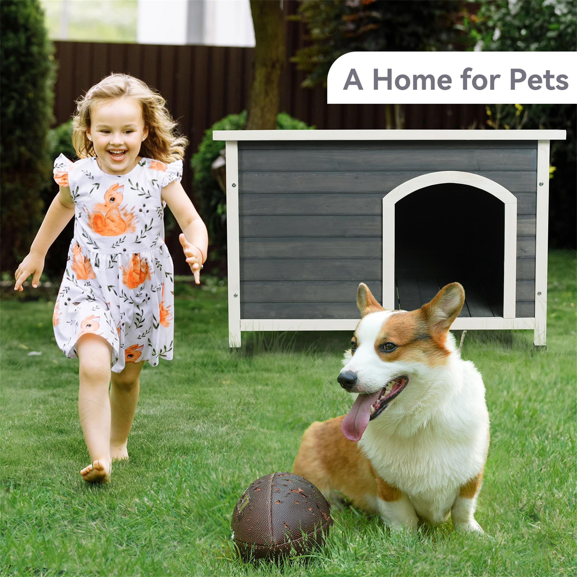 Pefilos 41" Width Outdoor Wooden Dog House for Medium Dogs with Raised Feet, Removable Floor Weatherproof Pet Cat House, Gray