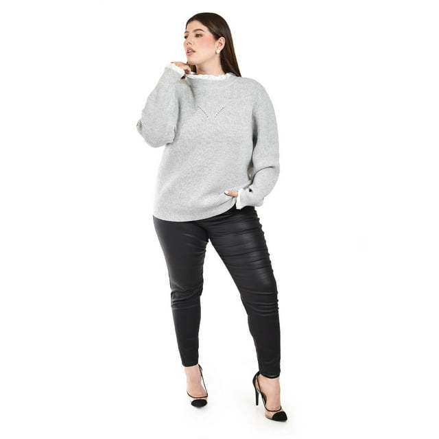 Sueter con cuello y puños de encaje Roman Fashion /Tallas Extras, 4015 (Gris claro) gris 40