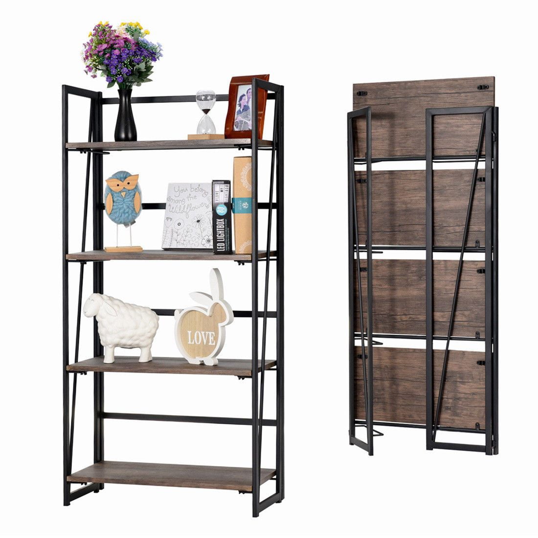 Home Office Folding Bookshelf 4 Tiers Bookcase Shelf Storage Rack No Assembly