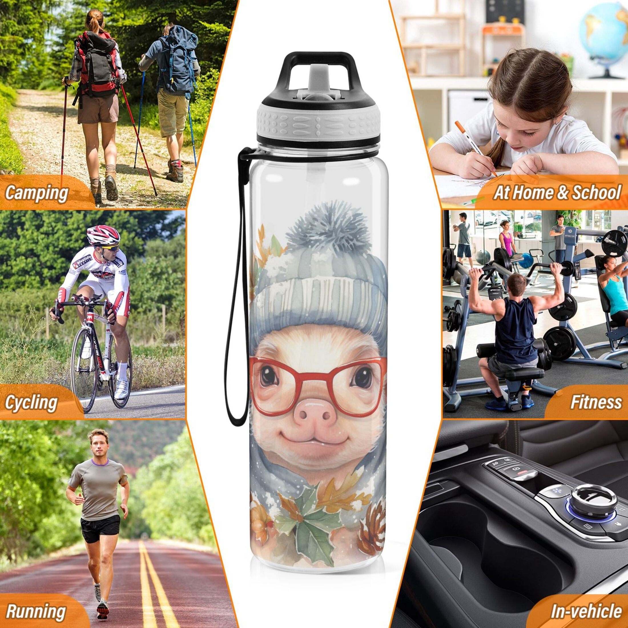 Pig Glasses Pines Leaves Sports Water Bottle Portable Travel Mug 32oz BPA Free Leak Proof Straw Transparent Tritan for Gym Yoga Cycling Camping