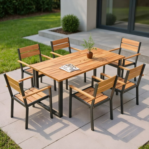 GVN Garden Dining Sets,Patio Table Sets,7 Pieces Acacia Wood Patio Dining Set with Metal Frame and 2 Inches Umbrella Hole