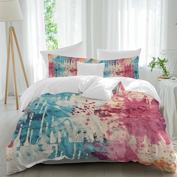 3 Piece Teal Pink Orange Duvet Cover Set Full Size,Microfiber Comforter/Quilt Cover with Corner Ties and 2 Pillowcases,Boho Vintage Abstract Splashing Art All Season Soft Bedding with Zipper Closure