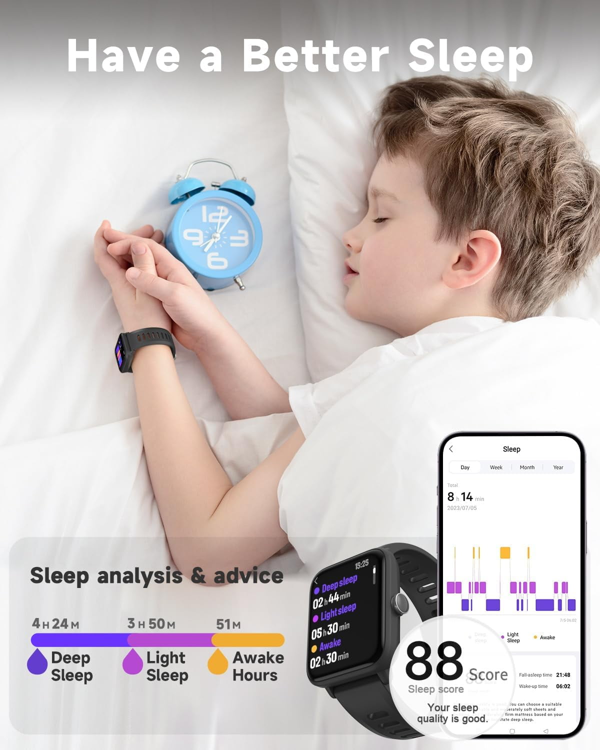 BIGGERFIVE Kids Smart Watch, 1.5''HD Touchscreen Fitness Tracker for Girls Boys, 5ATM Waterproof, Black