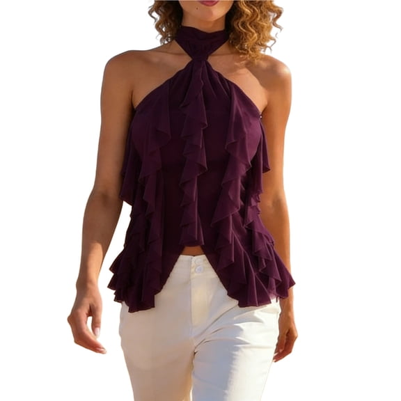 QSAWXQZ Women's Ruffle Tiered Halter Tank Top Mesh Chiffon Layered Sleeveless Solid Flowy Beach Blouse for Vacation L