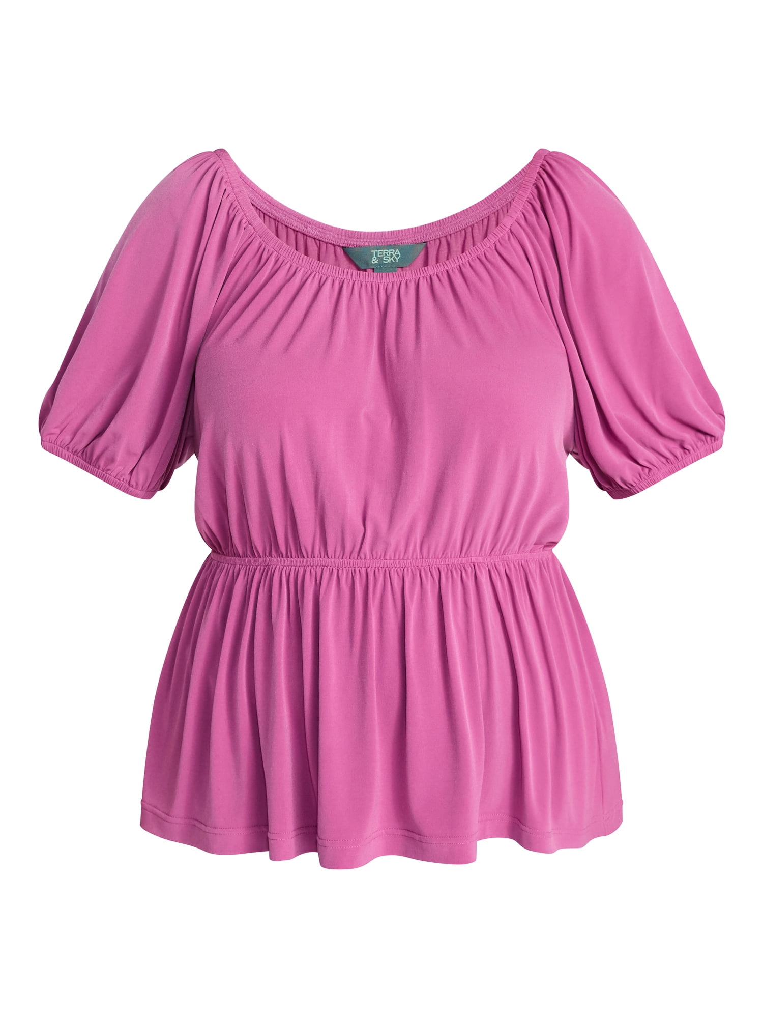Terra & Sky Women's Peplum Top with Short Puff Sleeves, Sizes 0X-5X
