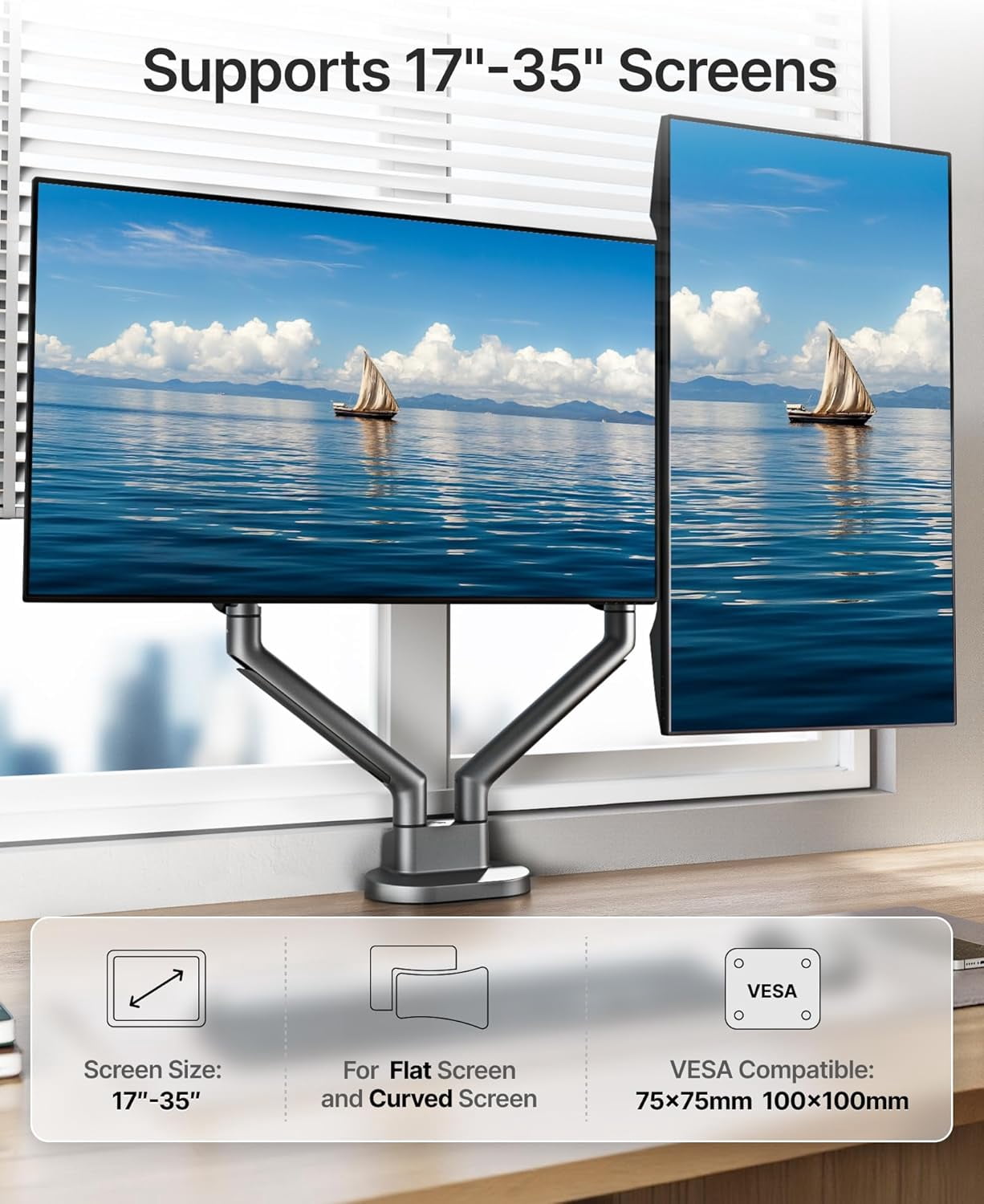 monTEK Dual Monitor Mount for 2 Screens up to 35 inches - Full Motion Adjustable Arm with Heavy Duty C-Clamp/Grommet Base, 24.25lbs per Arm, VESA Compatible, Gray