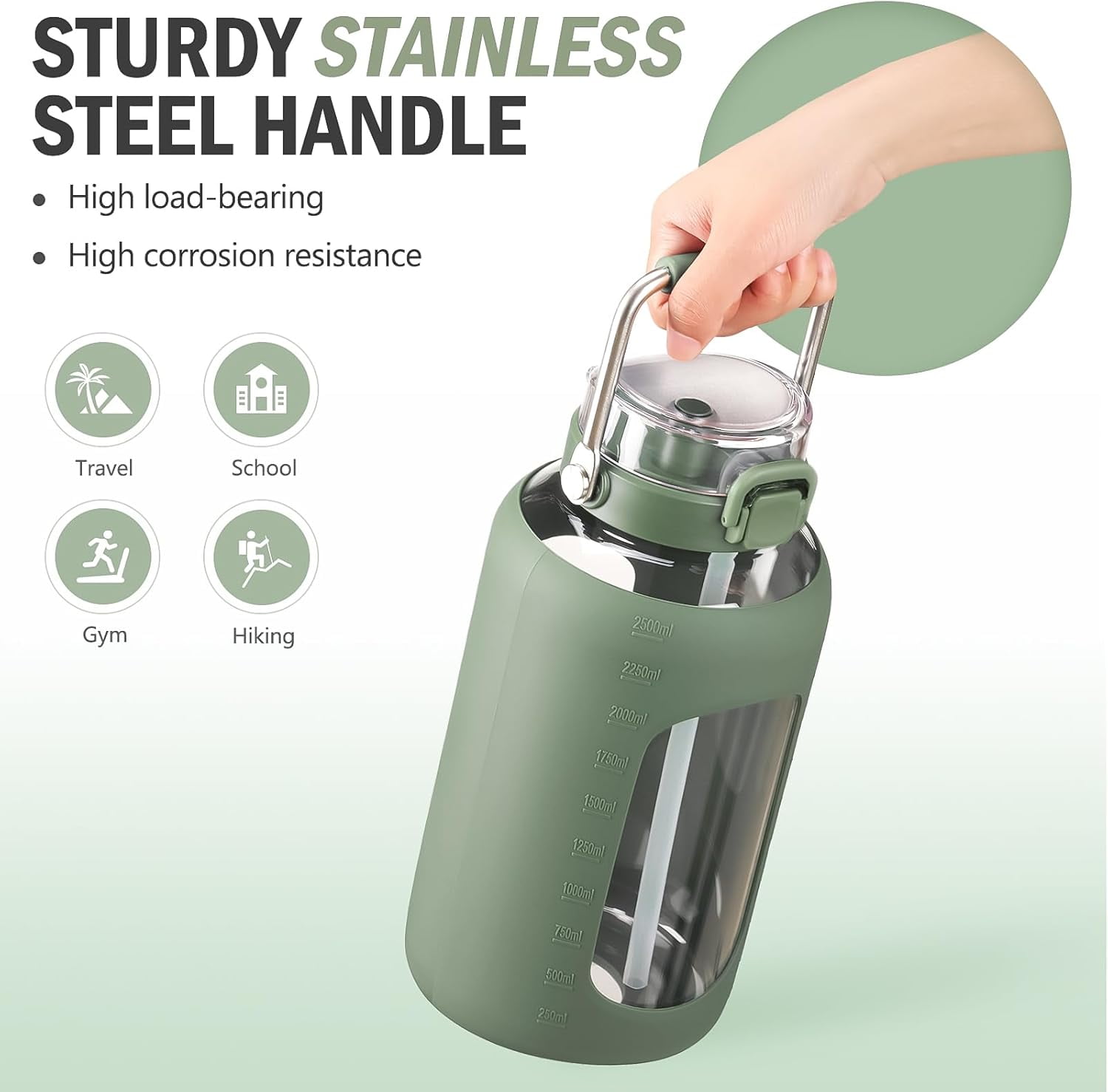 MUKOKO 84oz Glass Water Bottle, 2.5L Gallon Water Jug with Straw Lid and Stainless Steel Handle, Motivational Capacity Marker, Olive
