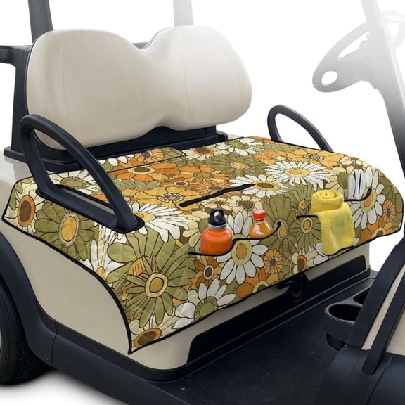 Xixirimido Quilted Golf Cart Seat Blanket Portable Golf Cart Seat Cover Towel for EZGO Yamaha Club Car & More 2-Seater Carts Foldable for Easy Carry, Retro Hippie Daisy