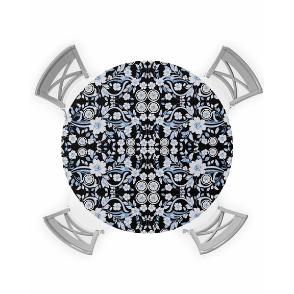 nqOlkjepod Black White Flowers Round Tablecloth, Fitted Table Cover with Elastic for 55"-60" Round Tables, Rustic Vintage Botanical Leaves Table Cloth Outdoor Dinning Party Waterproof Tablecloths