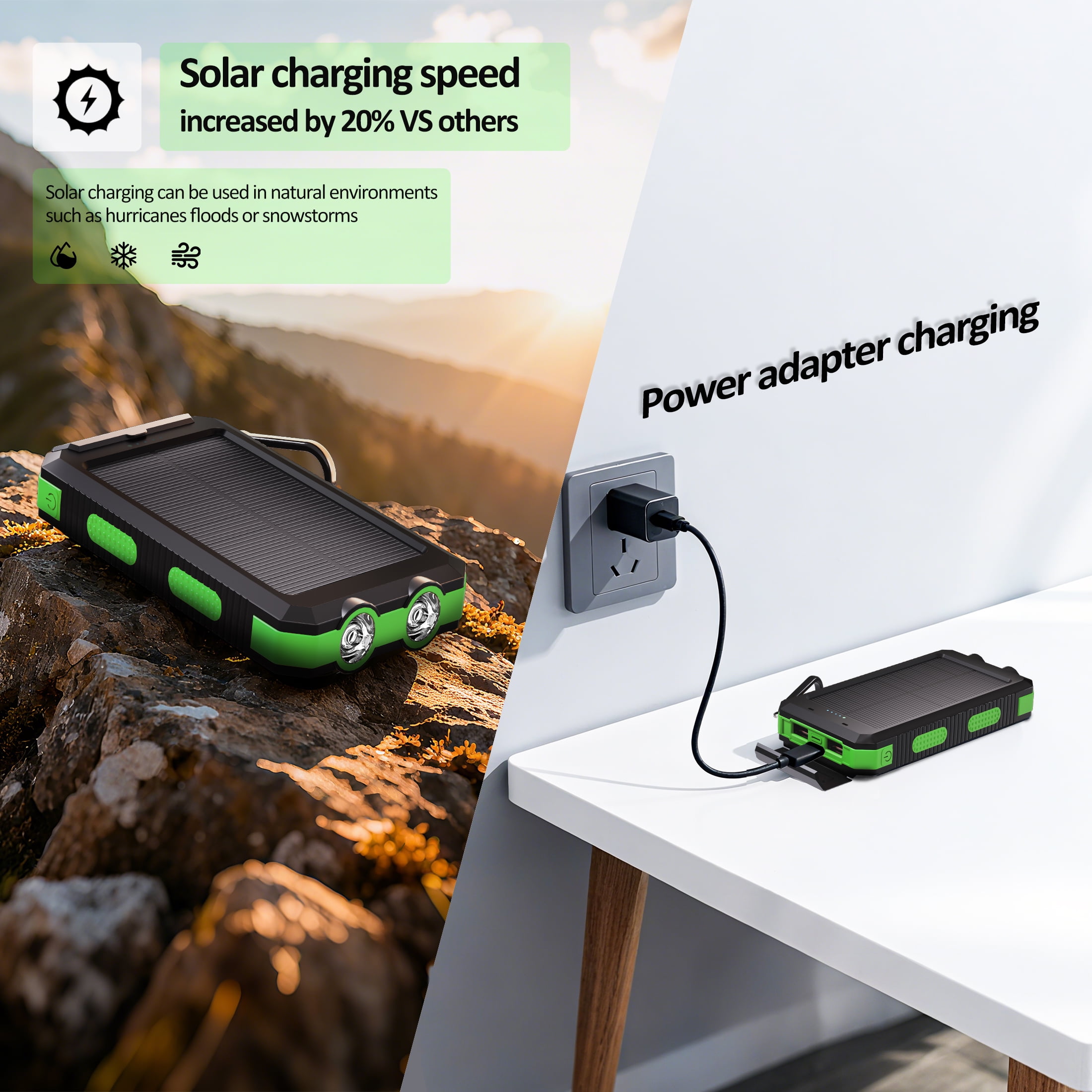 (2 pack) Solpowben 20000mAh Solar Power Bank Compatible for Cell Phone iPhone, Portable Charger with Dual 5V USB Ports & 2 Flashlights & Compass for Outdoor Camping Hiking (Green)