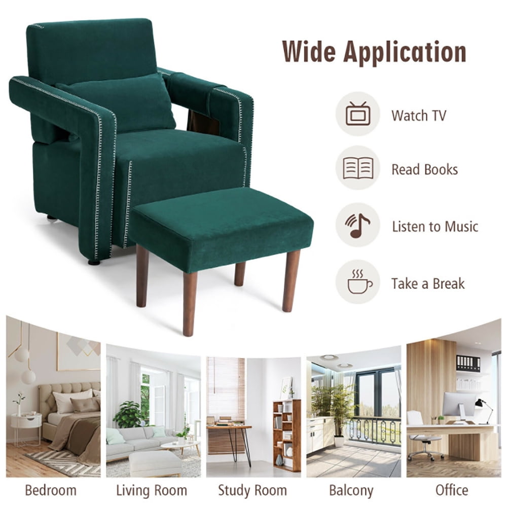Finihen Accent Single Sofa Chair with Ottoman, Modern Berber Fleece Single Sofa Chair with Ottoman and Waist Pillow, for Living Room, Bedroom, Green Finihen Accent Single Sofa Chair with Ottoman, Modern Berber Fleece Single Sofa Chair with Ottoman and Waist Pillow, for Living Room, Bedroom, Green