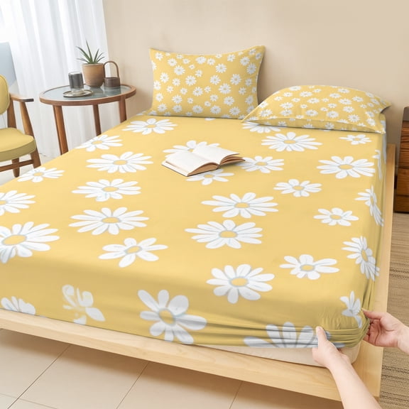 King Size Fitted Sheet Set - White Yellow Daisy 3 Piece Bedding Sets 16" Deep Pocket Fitted Sheet with 2 Pillowcases, Spring Summer Floral Botanical Brushed Microfiber Hotel Luxury Bed Sheets