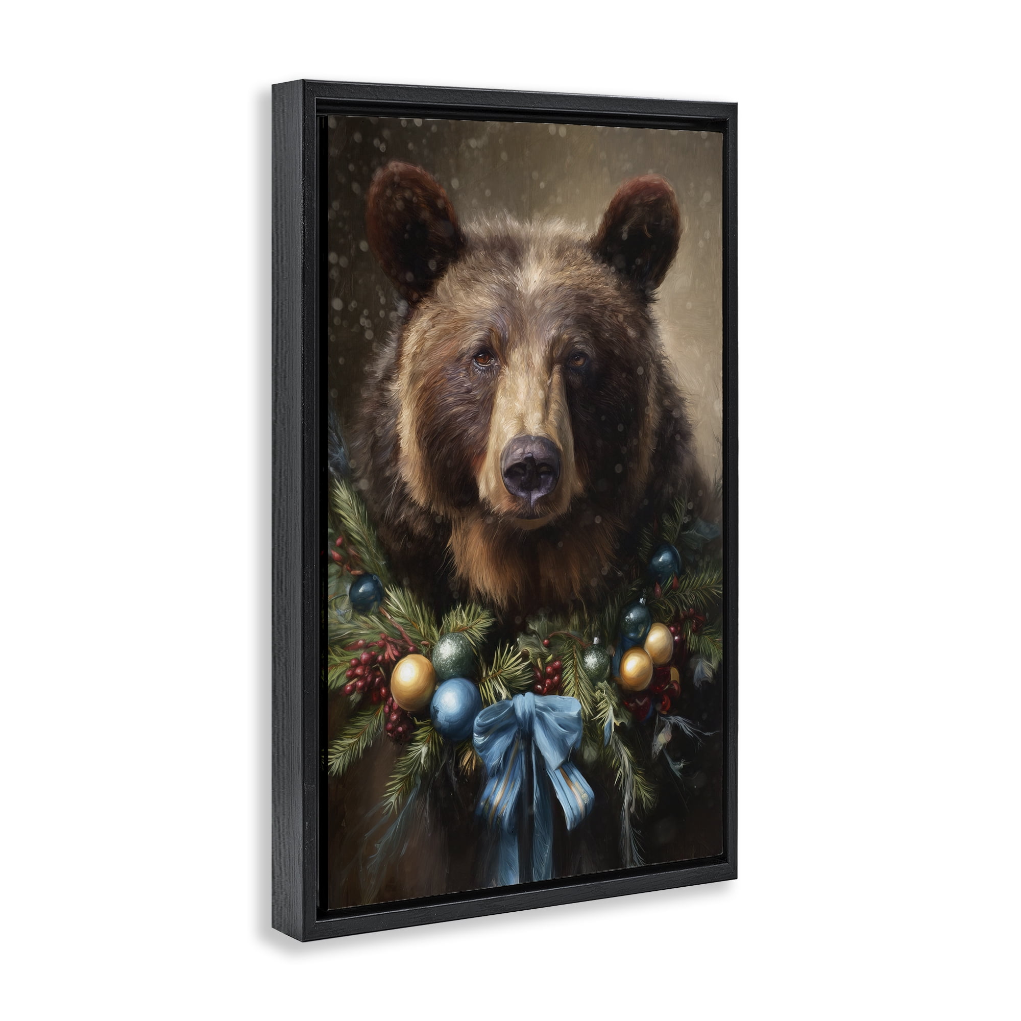 Stupell Industries Christmas Grizzly with Wreath Black Framed Floater Canvas Wall Art, design by Tina LeCour