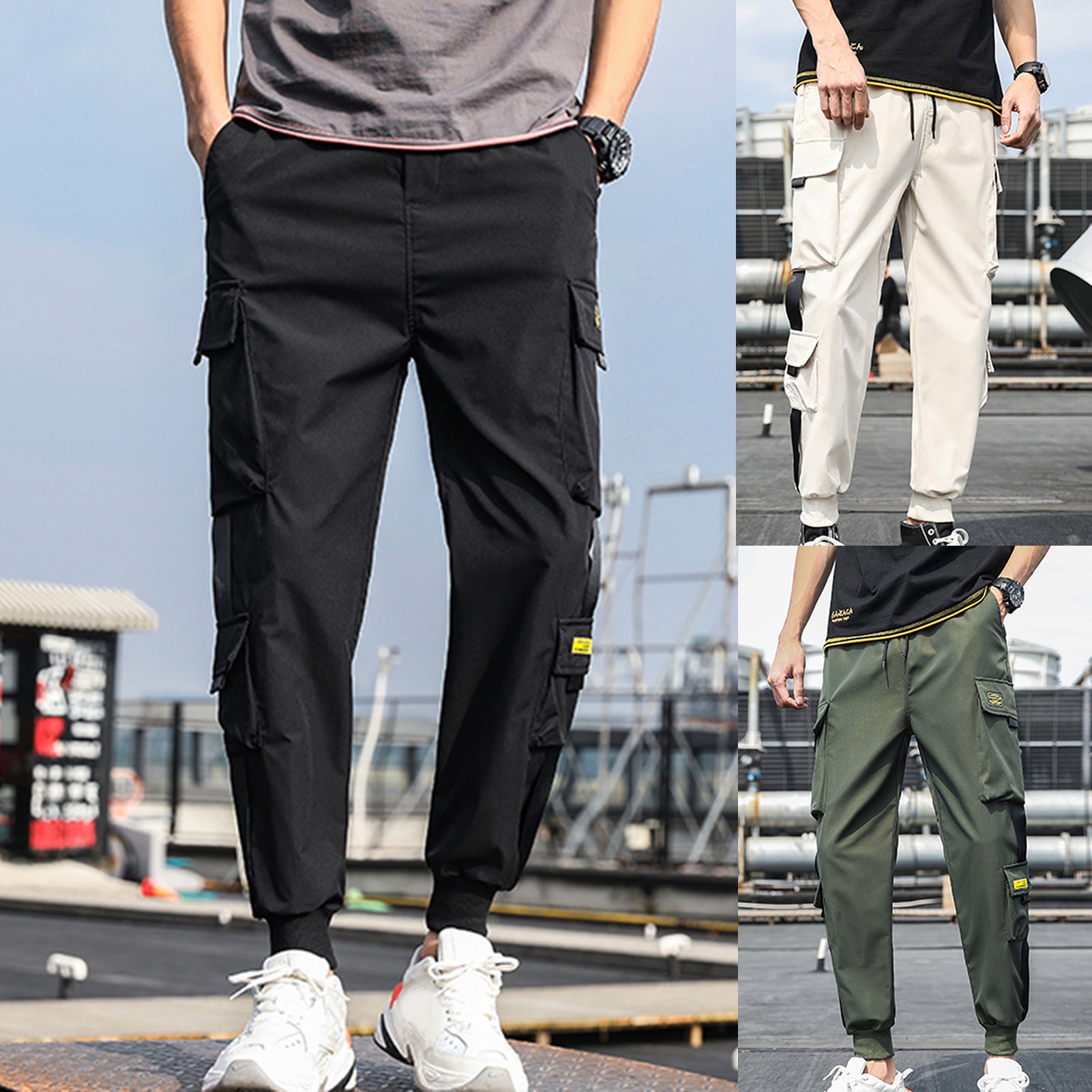 SELX Men Casual Loose Hip Hop Work Pants Cargo with Multi-Pocket 