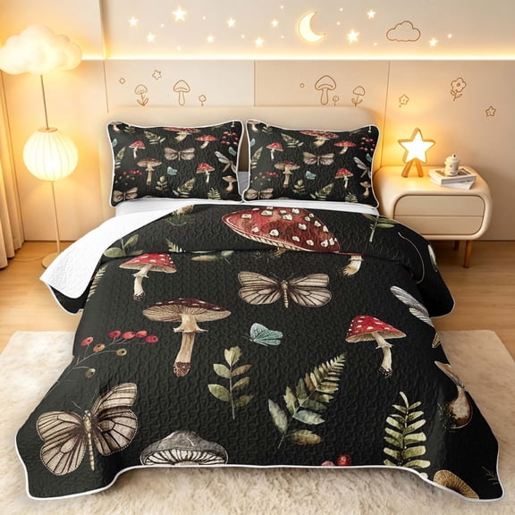 Homewish Boho Plant Mushrooms Twin Quilt Set,Floral Butterflies Dragonflies Twin Coverlet Set,Black Reversible,2 Pieces