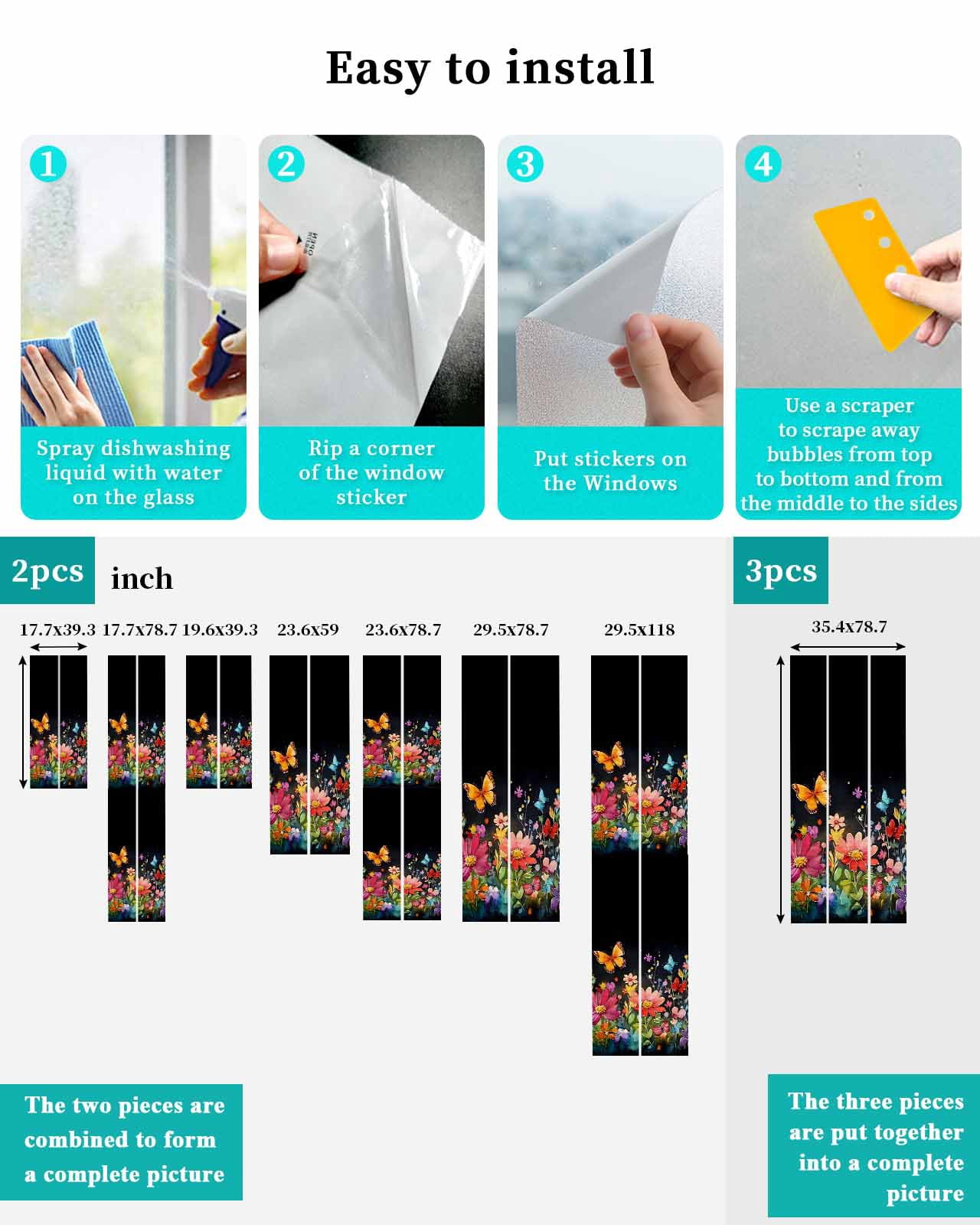Window Privacy Film Elegant Spring Floral Stained Glass Window Film Decorative Sun Block Window Cover Pastoral Flowers Window Clings Static Adhesive Sticker for Bathroom 35.4"x78.7"