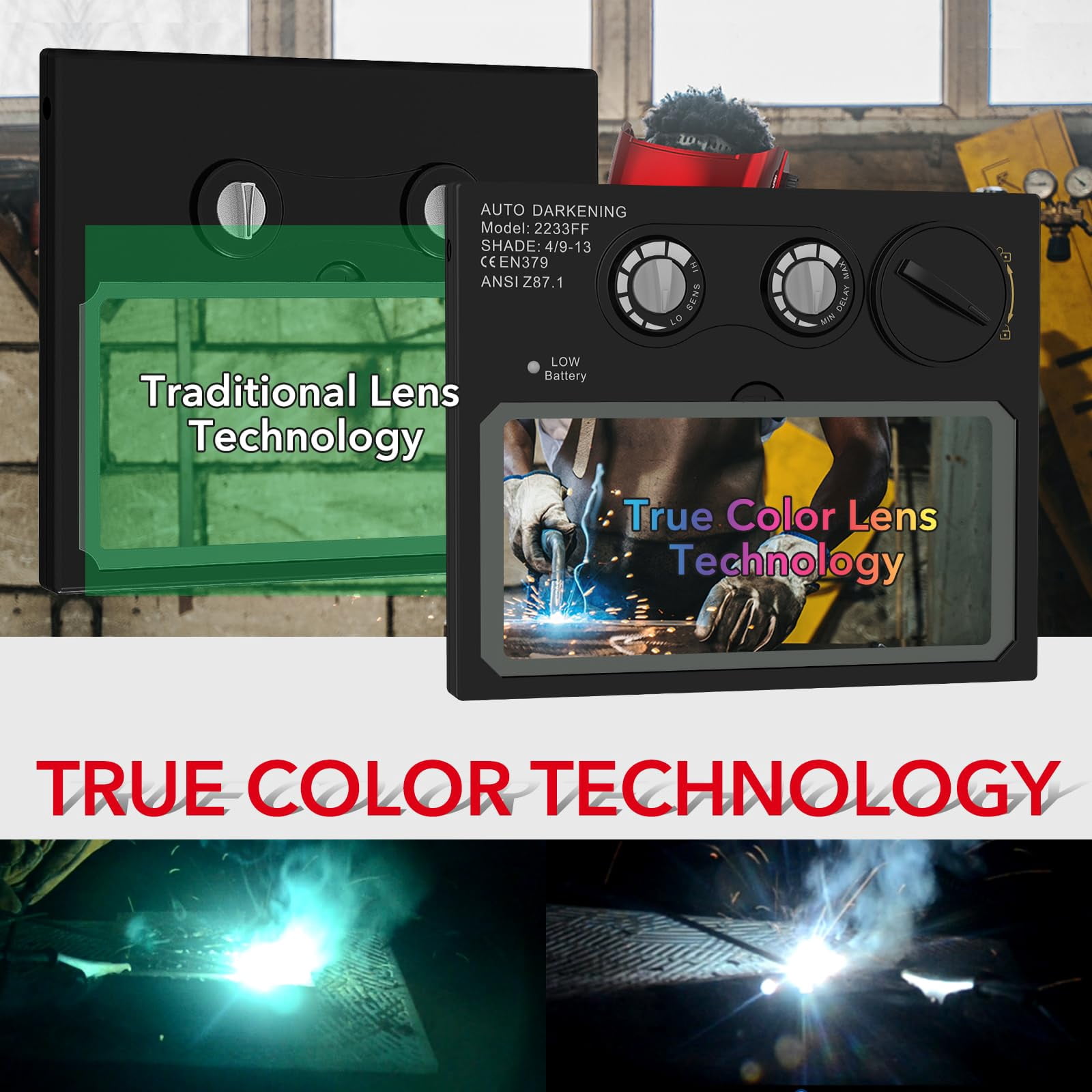 Welding Helmet Auto Darkening Welding Hood Solar Powered True Color Welder Mask 2 Arc Sensor Wide Shade 9-13 Welder Helmet with Grinding Cut for MIG TIG ARC