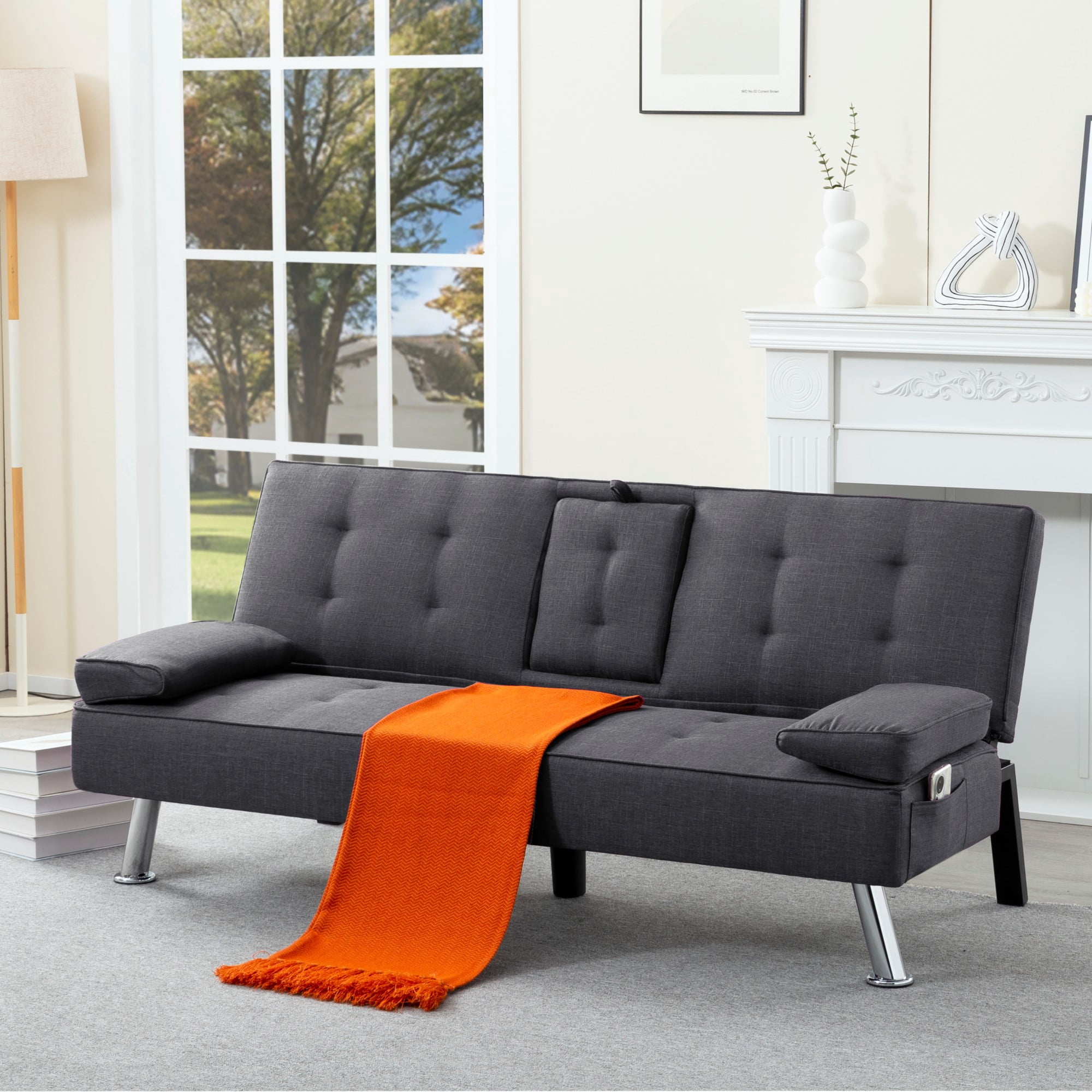 BSHTI 69.49" Fabric Convertible Futon Sofa Bed with Drop-Down Console, 2 Cup Holders, 5-Position Backrest, Side Pocket for Living Room（Dark Grey）