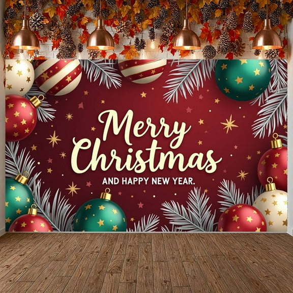 Blue Ornaments Merry Christmas Banner Star Pattern Christmas Backdrop Snowflake Design Red Background Holiday Background for Christmas Party New Year Celebration Indoor Decoration