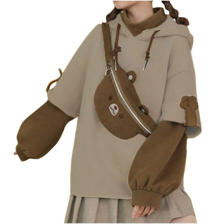 IROINNID Women s Long Sleeve Sweatshirt Mid-Length Color Block Leisure Autumn Winter Sweatshirt with Personality Messenger Bag 2PC  Brown