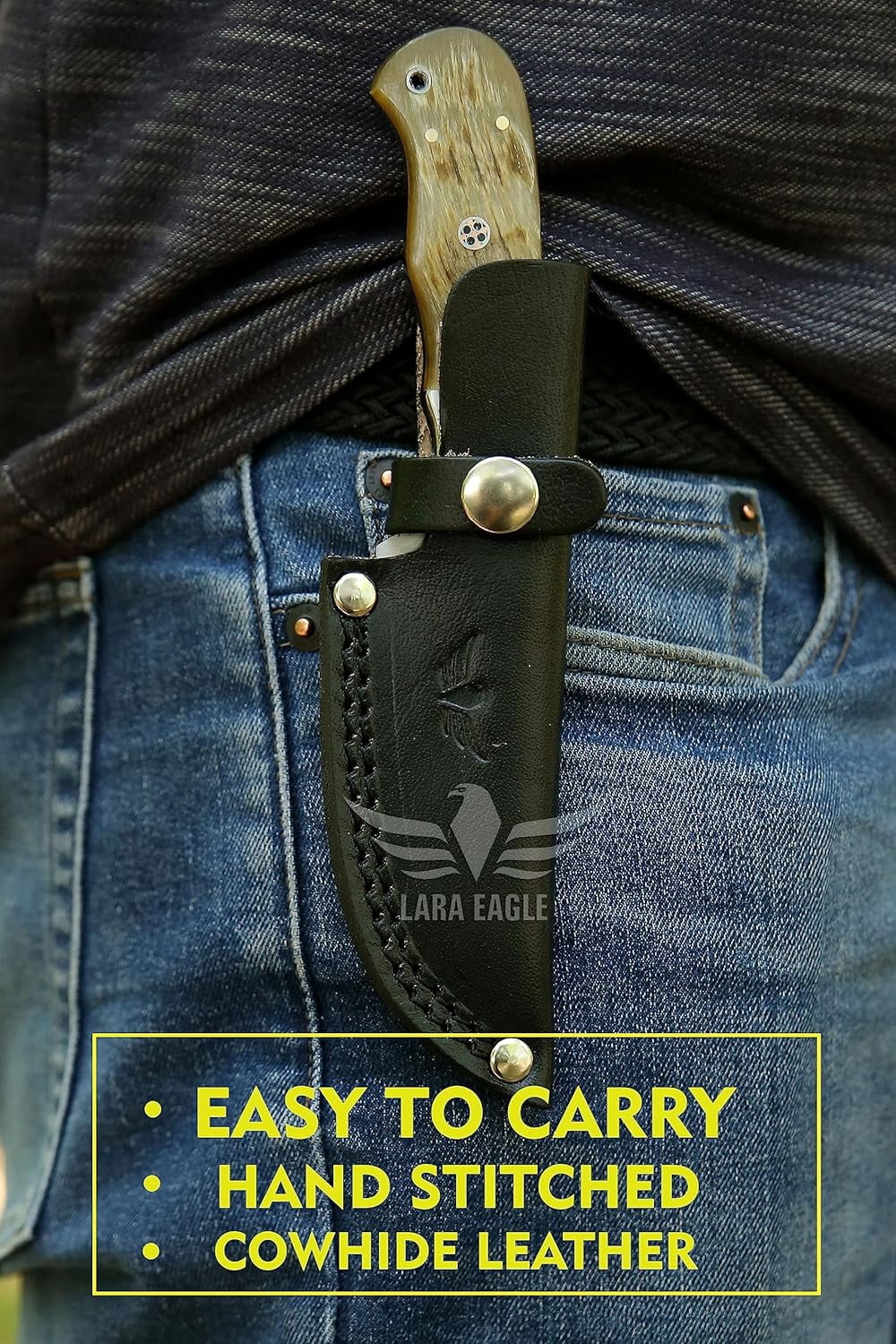 Lara Eagle Damascus Hunting Knife - Fixed Blade Handmade Skinner with Sheath - 7.5 inch Survival Knife Great for Camping - Camel bone Handle with mosaic pin