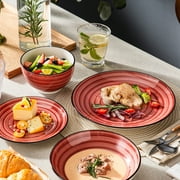 MALACASA 24 pcs Dinnerware Sets, Plates and Bowls Set for 6, Stoneware Dinner Set, Red