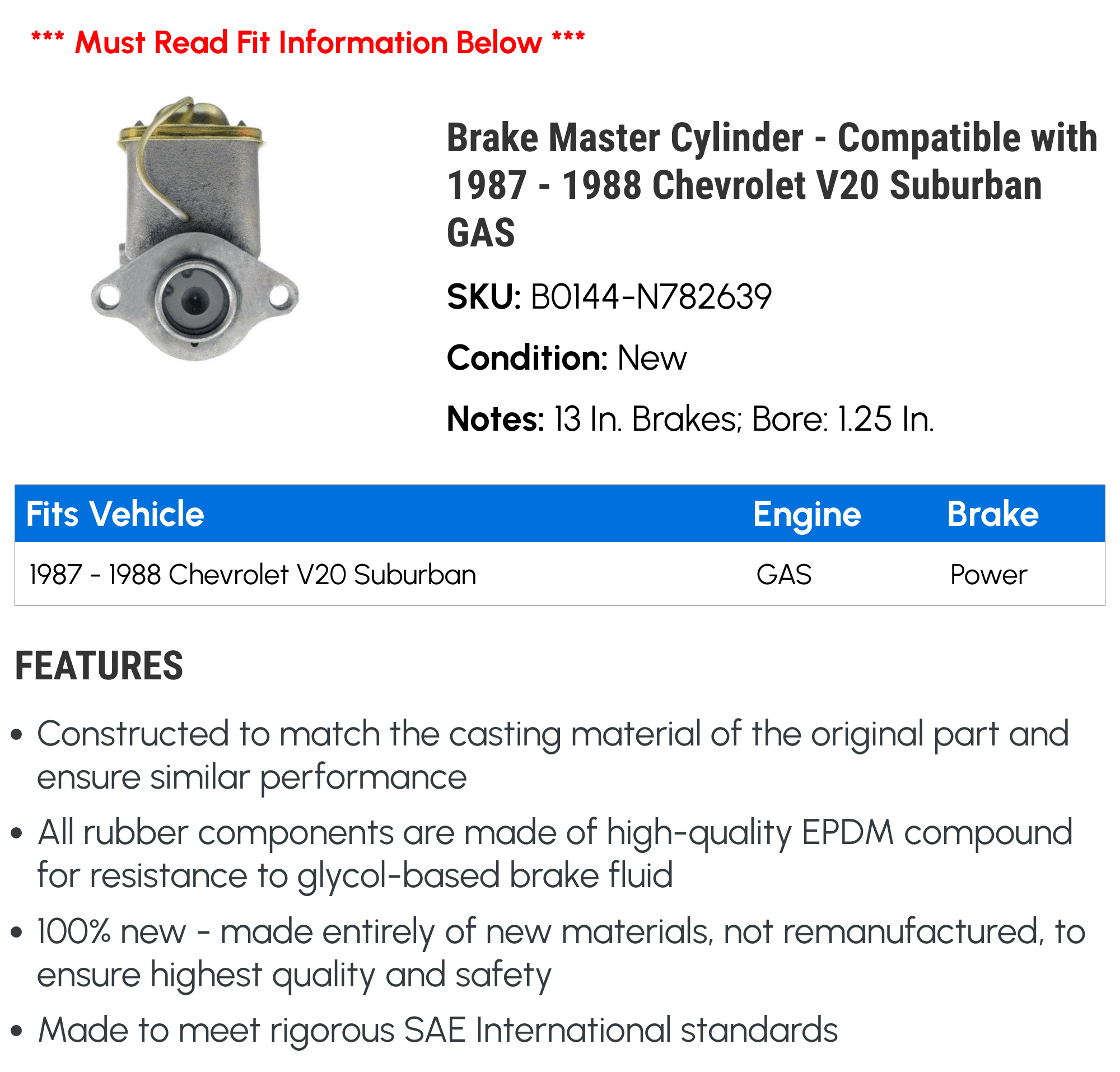 Brake Master Cylinder - Compatible with 1987 - 1988 Chevrolet V20 Suburban GAS - Dorman