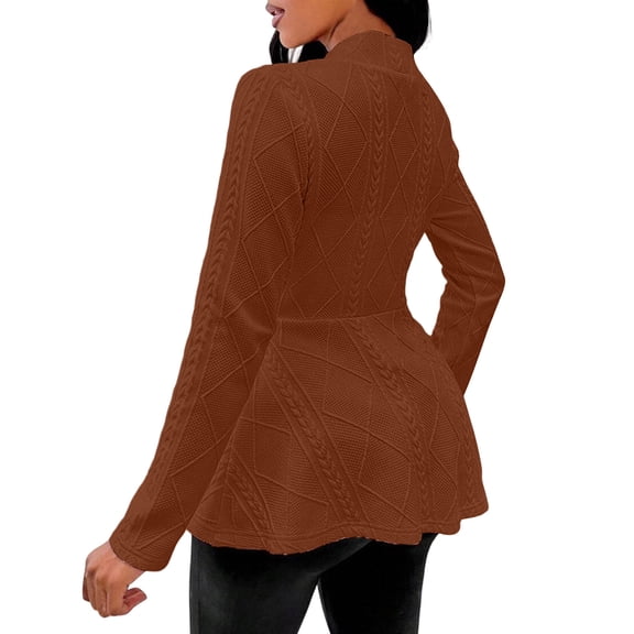 Floleo Women's Textured Knit Peplum Blazer, Open-Front Long Sleeve Button Jacket In Multiple Solid Colors(Brown,XL)