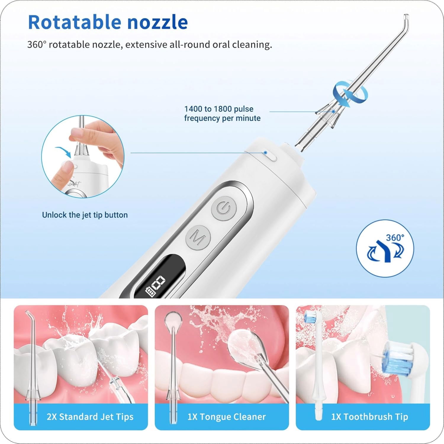 Cordless Water Dental Flosser, 9 Modes with LED Screen, 300ml Portable Oral Irrigator, Rechargeable IPX7 Waterproof Teeth Cleaner for Home and Travel, White