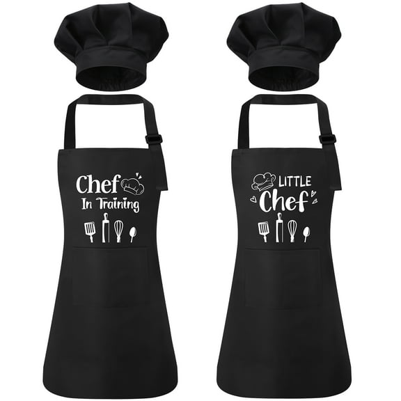 AOWOO 4Pcs Kids Apron and Chef Hat Set, Adjustable Kitchen Cooking Child Aprons with 2 Pockets Dress up Gift for Girls Boys Baking Cooking Painting Art Gardening Funny Aprons